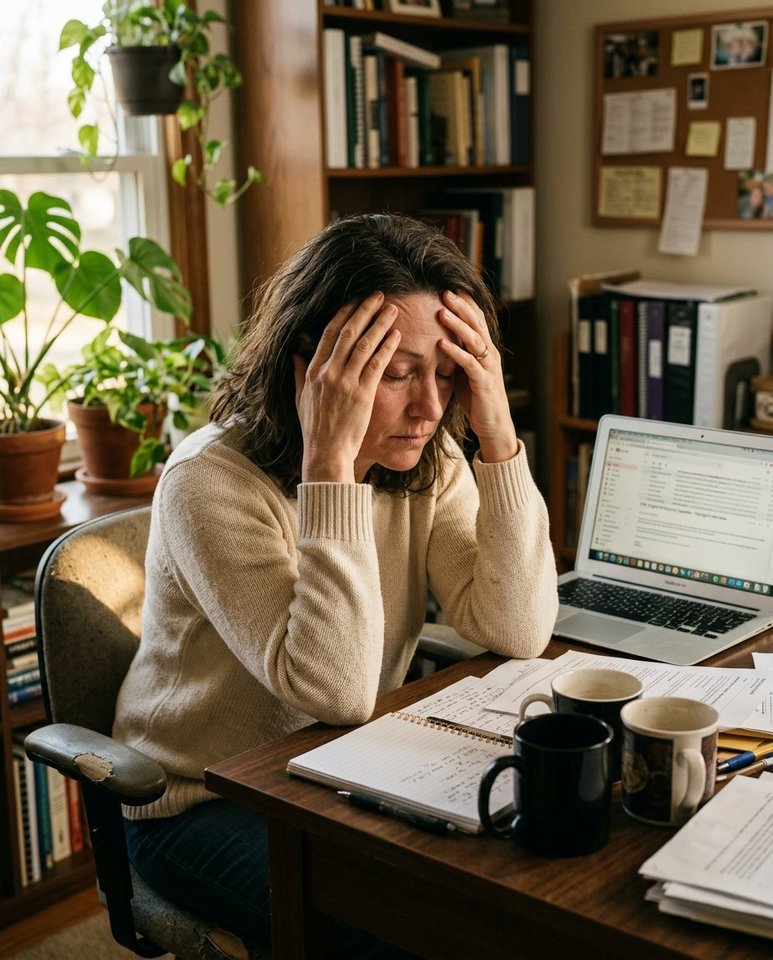 A woman at her home office desk in the afternoon, hands holding her forehead, three coffee mugs visible