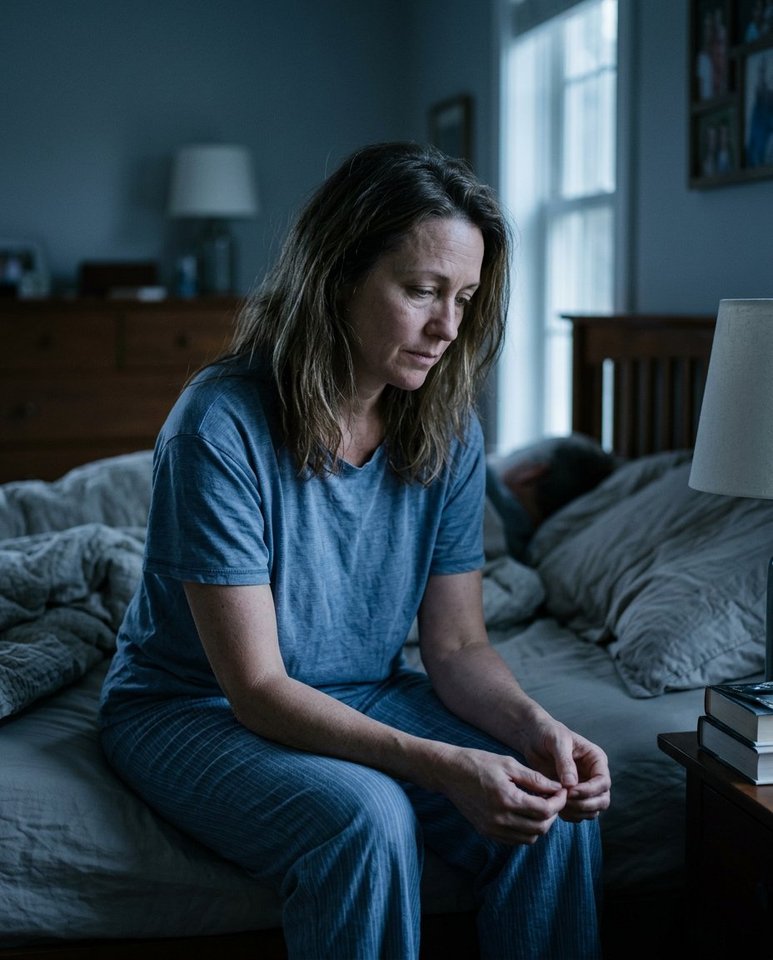 A woman sitting on the edge of her bed at night, hands resting in her lap, looking down