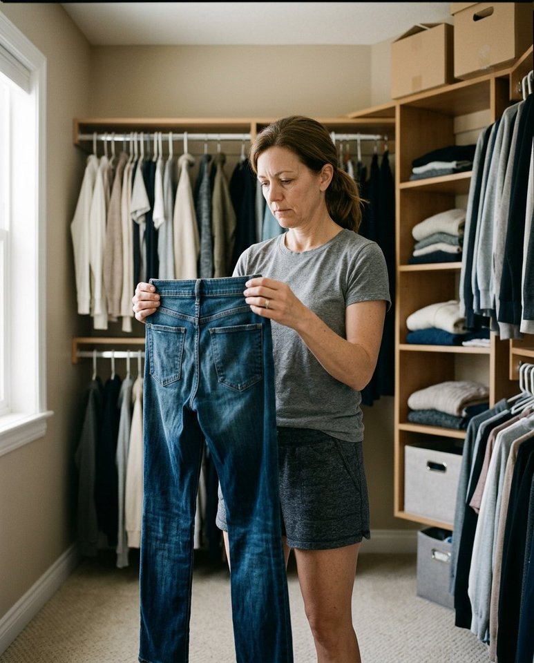A woman in her closet holding up a pair of jeans, looking down with a tired expression